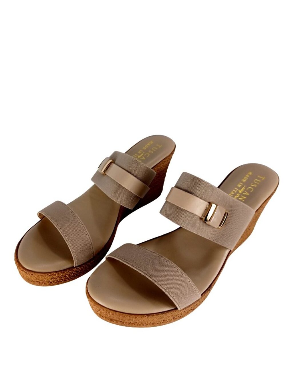 Comfort Slide Sandals Wedge Taupe/Gold Accent Casual Minimalist Women Size 11M